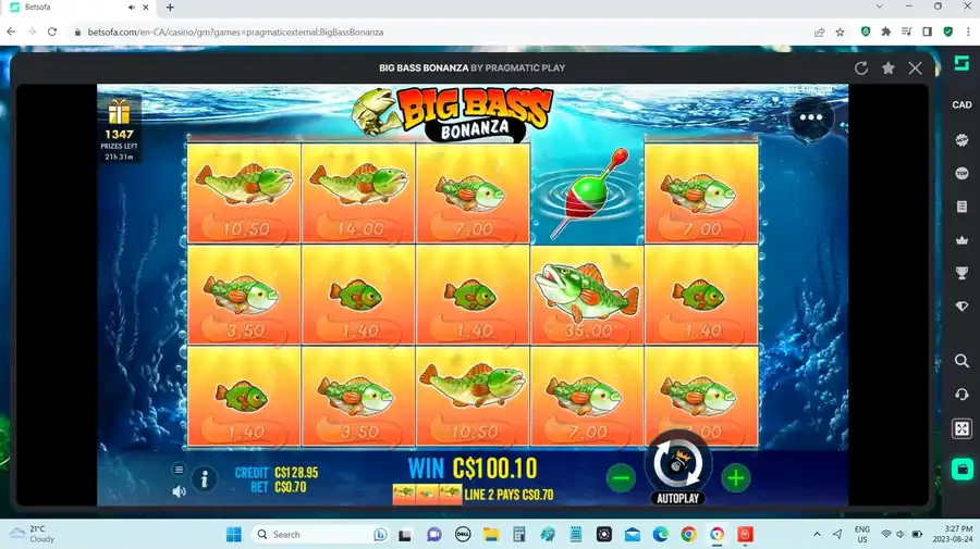 Big win C$100.10 with stacked money fish on Big Bass Bonanza at C$0.70 bet
