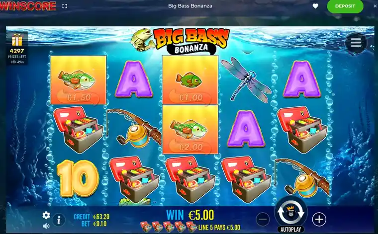 Money fish symbols paying €5.00 line win at €0.10 bet on Big Bass Bonanza