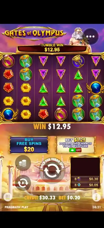 Base game tumble win €12.95 in Gates of Olympus