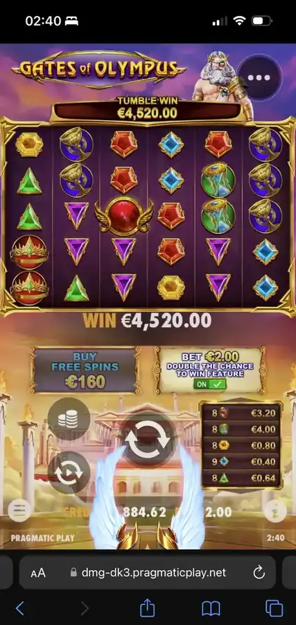Massive €4520 tumble win in Gates of Olympus on €2 bet