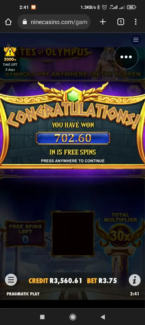 Congratulations screen 702.60 win in 15 free spins with 30x multiplier
