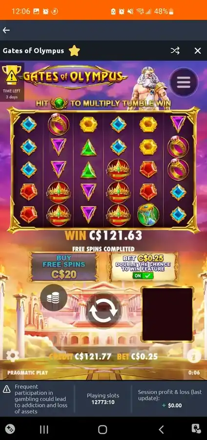 Free spins round completed with C$121.63 total win