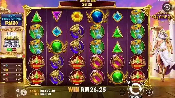 Multi-tumble cascade win RM 26.25 with stacked symbols