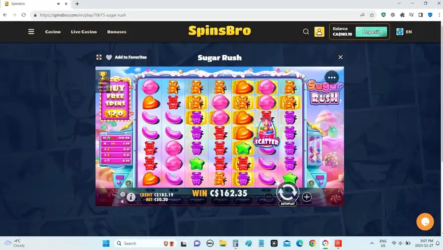 Massive C$162.35 cluster win in Sugar Rush on C$0.20 bet