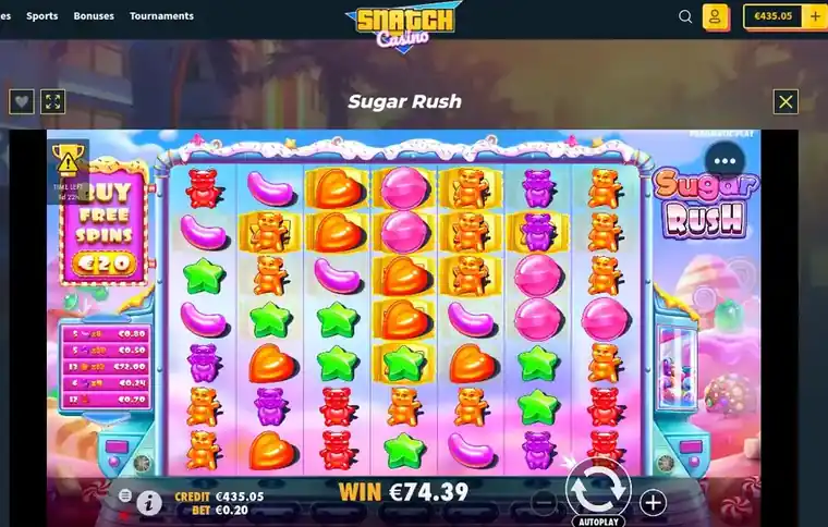 Cluster pays win €74.39 in Sugar Rush base game