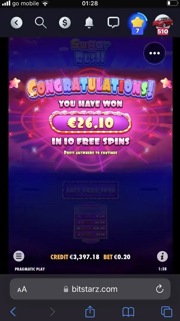 Congratulations screen €26.10 in 10 free spins on €0.20 bet