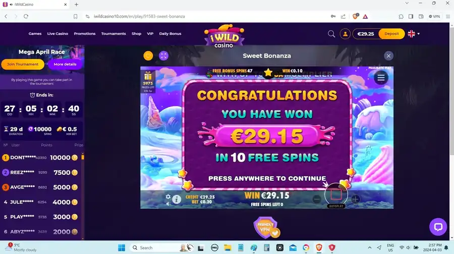 Big win €29.15 in 10 free spins on Sweet Bonanza at iWildCasino