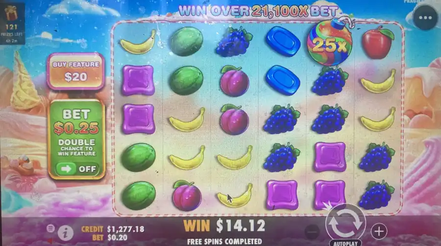 Free spins completed with $14.12 win and 21,100x bet potential reminder